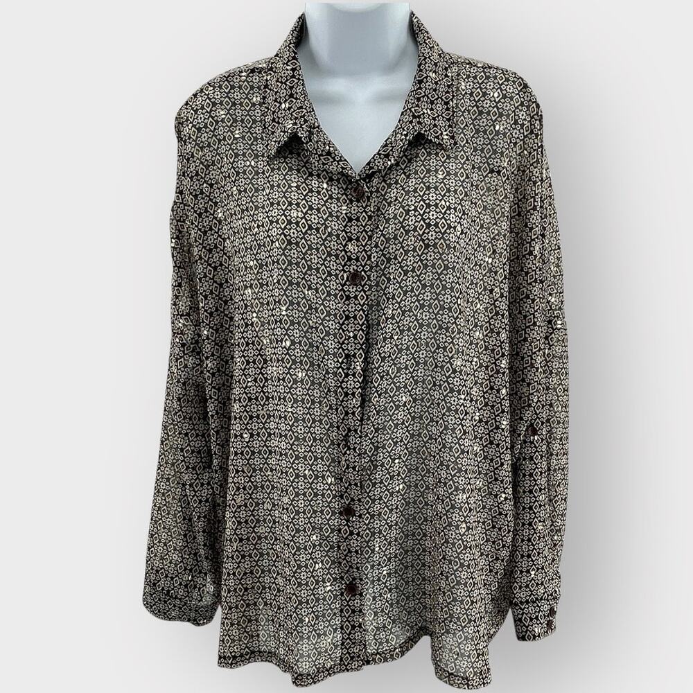 ces femme Black White Gold Ditzy Dot Oversize Slouce Loose Fit LS Blouse M